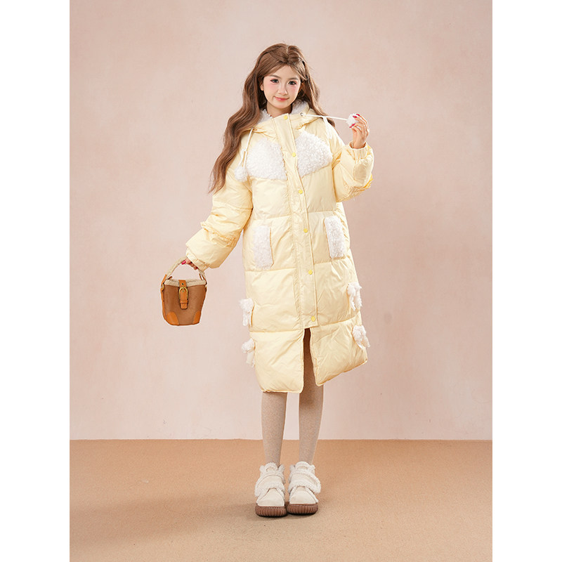 甜美气质长款连帽淡黄羊羔绒棉服女2025冬季新款加厚保暖棉衣外套,女装/女士精品,棉衣/棉服,淘宝优惠券,粉丝福利购,淘宝优惠卷