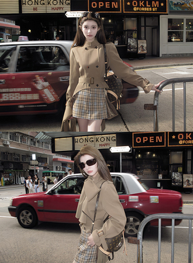 格风回溯 千金复古英伦风秋季新款围脖风衣+格纹裙裤两件套装