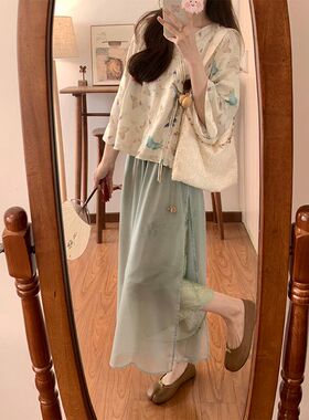 新中式复古气质超仙禅意小个子国风套装清新小众衬衫阔腿裤两件套