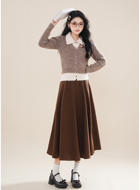 「燕麦拿铁」美拉德假两件毛衣女气质显瘦上衣棕色长裙套装女