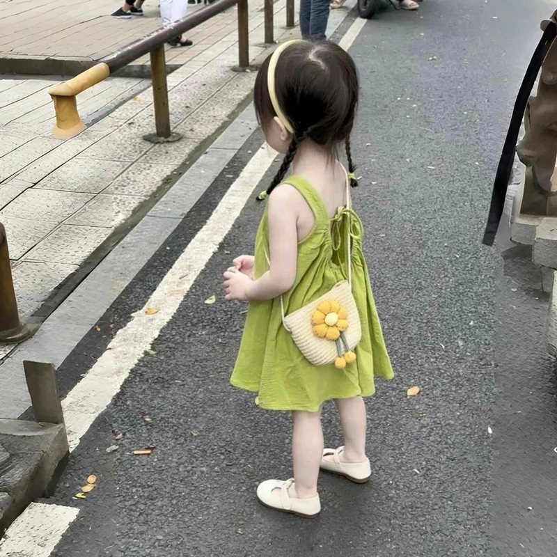 韩系女童连衣裙夏季洋气儿童时髦棉背心裙女宝宝小清新绿色裙子