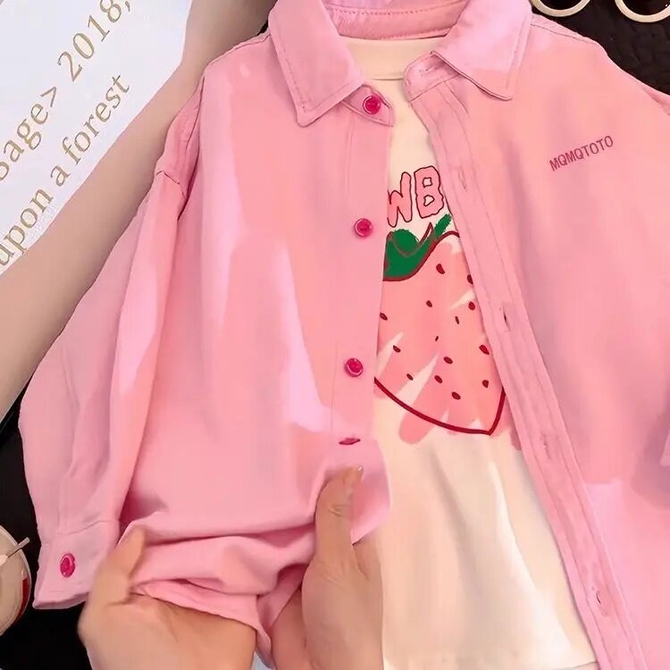 女童外套2026春夏新款洋气女大童春秋款粉色牛仔衬衫儿童韩范潮衣