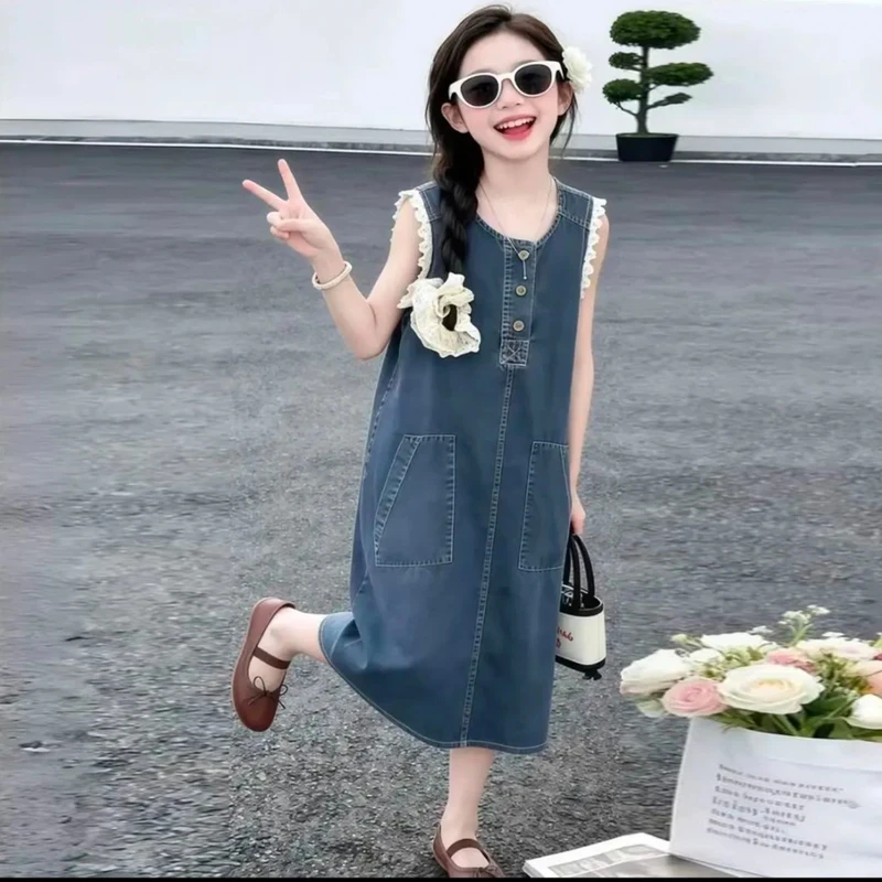 女童夏季轻薄牛仔无袖连衣裙