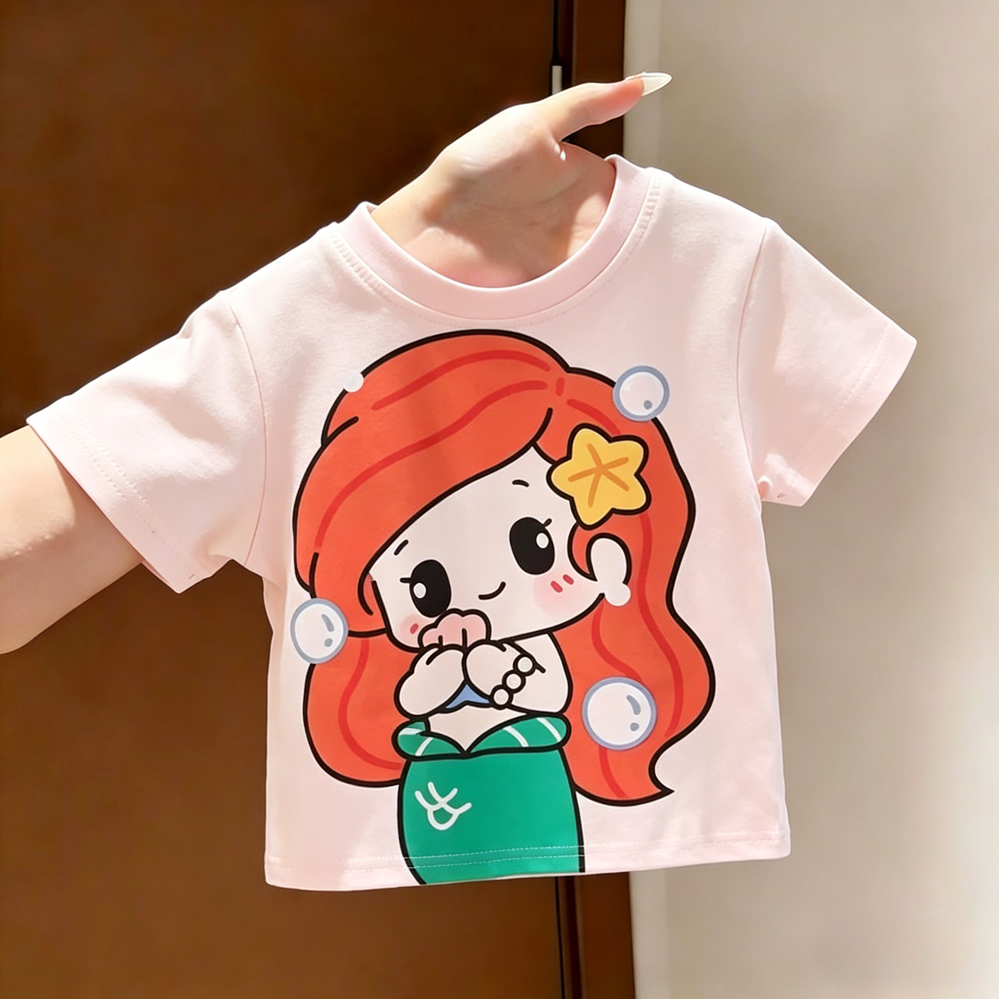 儿童夏季短袖2026新款女宝宝美人鱼T恤卡通可爱花边短裤公主套装