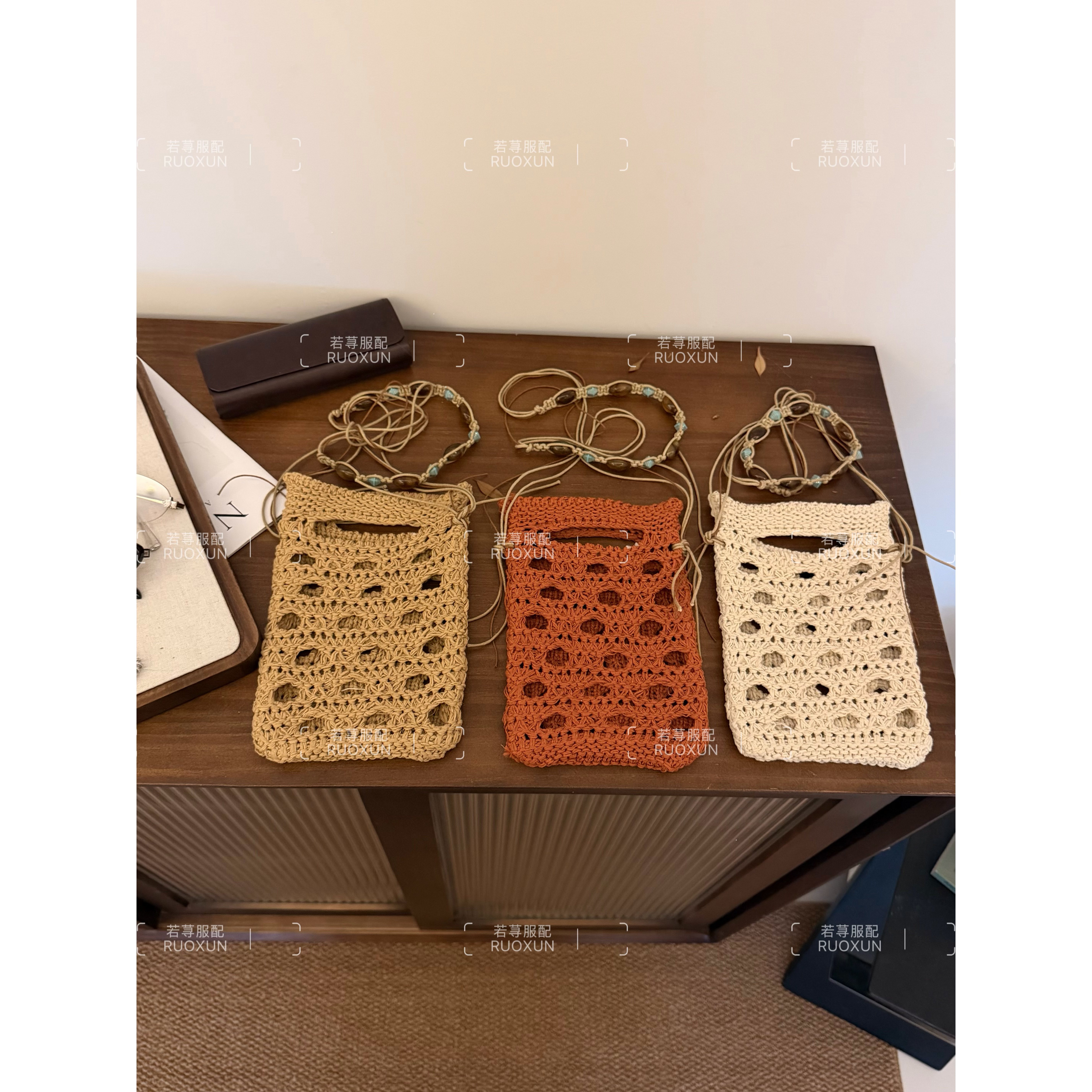 RuoXun森系文艺串珠镂空草编小包包夏季百搭单肩斜挎手机包配饰