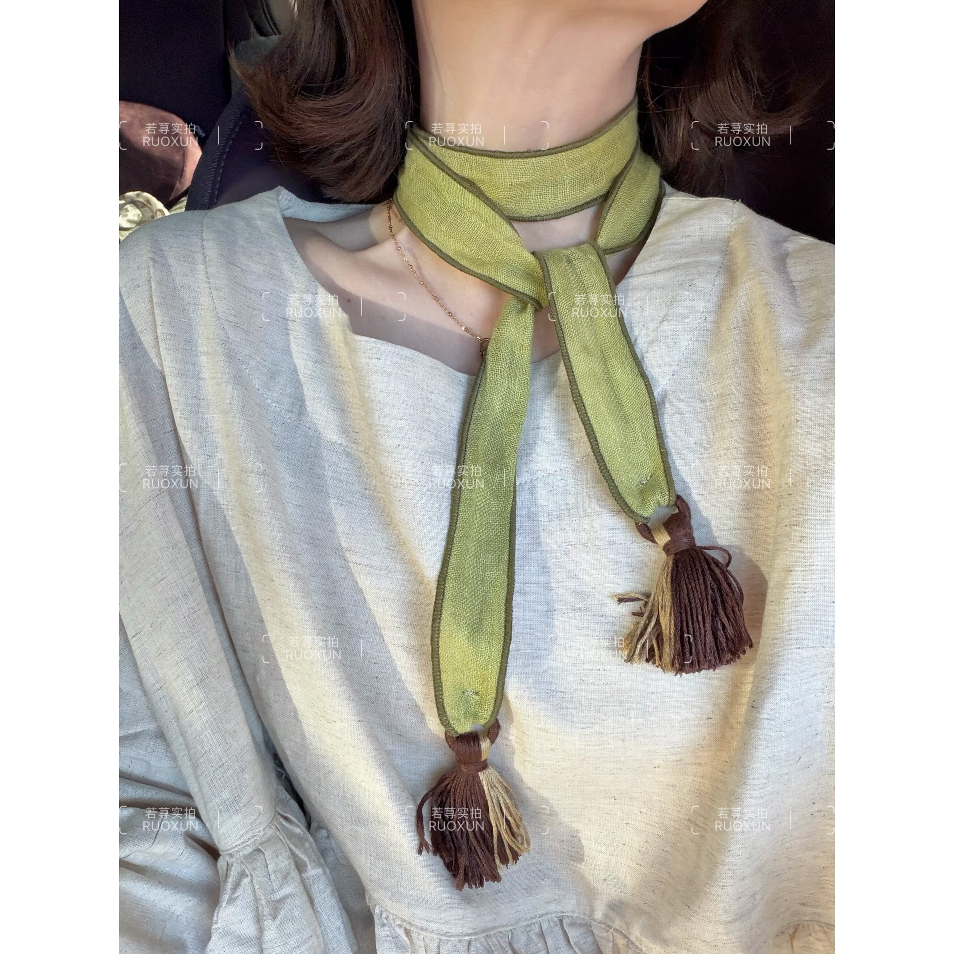 RuoXun新款日系亚麻流苏小丝巾女复古文艺护颈围脖多功能发带配饰
