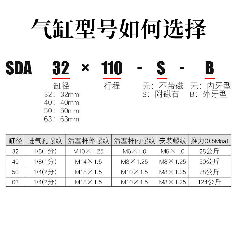 亚德客63长行程气缸SDA20X25X32X40X50X80X100XX125X150X200S300B