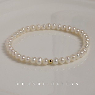 天然淡水珍珠手链女夏4mm小粒珍珠手串原创设计白色素圈14K金显白
