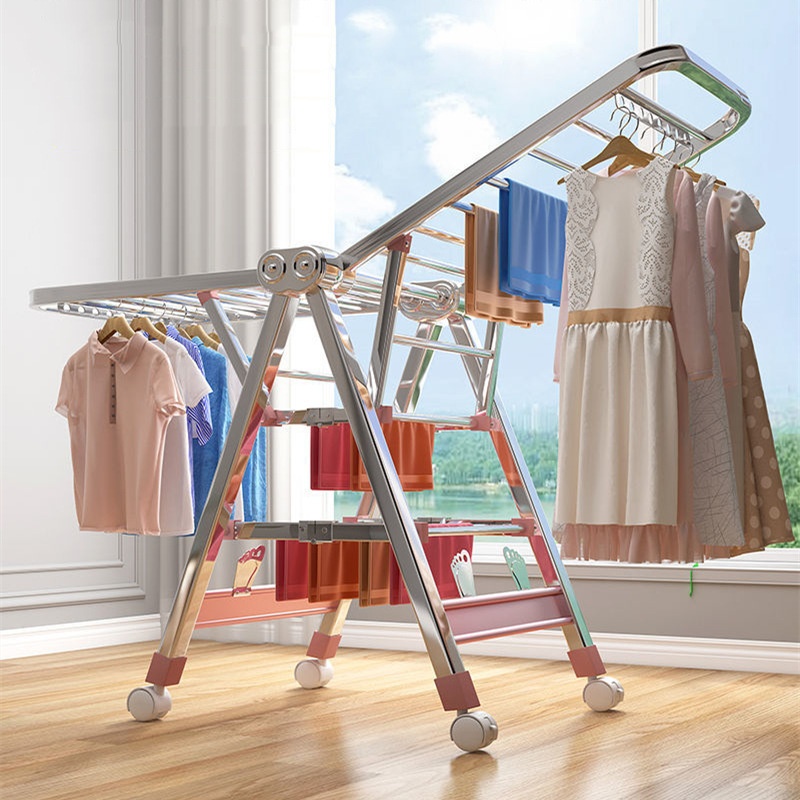 不锈钢晾衣架落地折叠室内家用阳台晒架婴儿挂晒被子杆双层鞋托