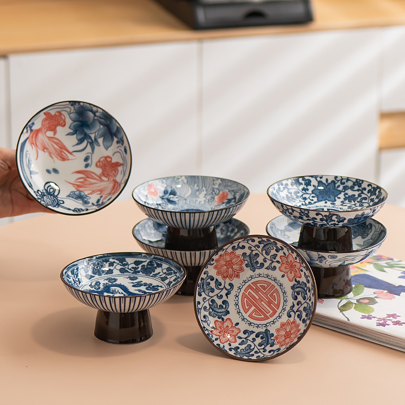 中式陶瓷水果盘果碟复古喜庆家用高脚茶点盘结婚点心盘糕点盘供盘
