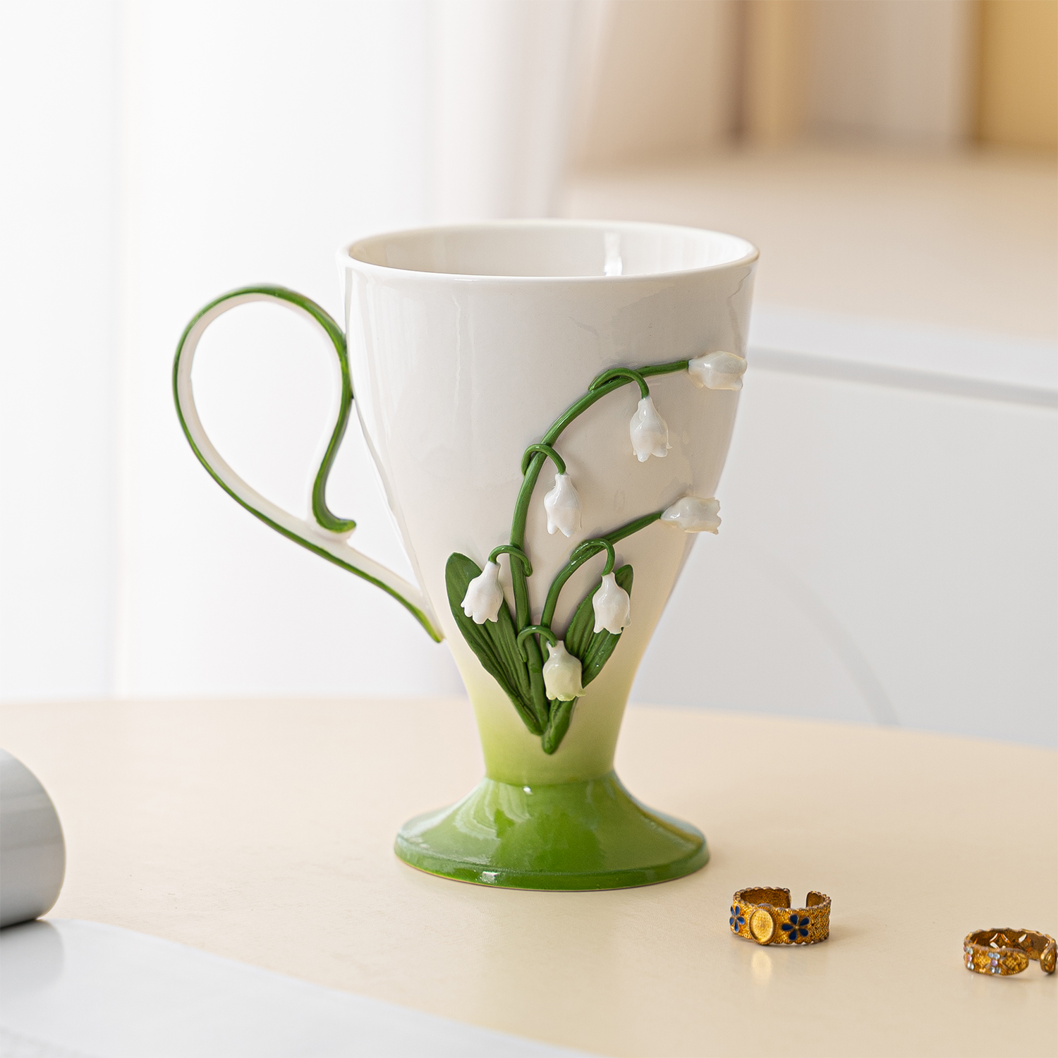 创意陶瓷铃兰花高脚马克杯高档精致下午茶水杯咖啡杯年会商务礼品