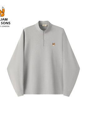 威廉福克斯男装230g重磅灰色半拉链卫衣男款春秋立领宽松通勤上衣