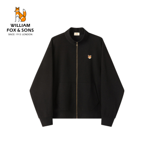 威廉福克斯男装 宽松刺绣百搭外套男 320g春秋黑色立领卫衣拉链开衫