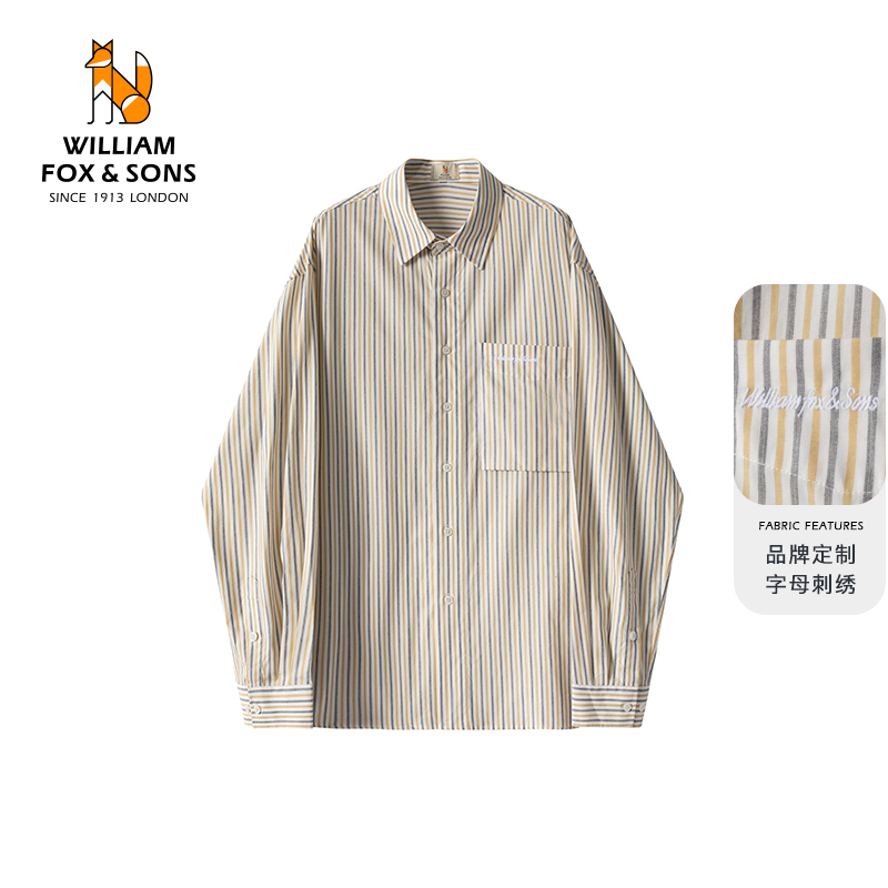 英国小狐狸2025秋季新款全棉条纹衬衫英文刺绣logo男士休闲衬衣