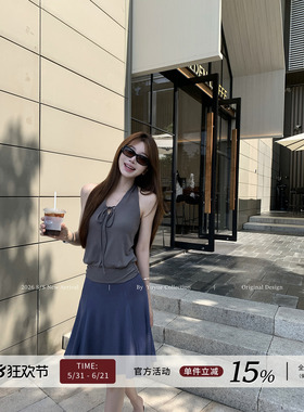 Yuyueer 灰色V领修身挂脖背心女夏季韩版时尚休闲短款系带上衣