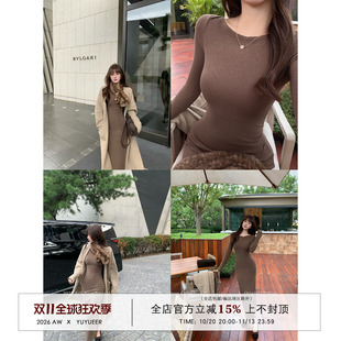 Yuyueer愉悦喻悦 圆领收腰包臀连衣裙女秋冬韩系简约修身显瘦长裙