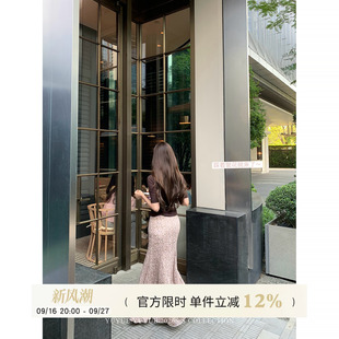 Yuyueer粉色碎花雪纺长款半身裙女春夏气质高级感垂感包臀鱼尾裙