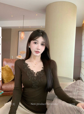 愉悦喻悦 蕾丝边拼接微透V领长袖T恤女春季性感气质修身薄款上衣