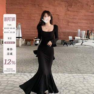 气质高级感修身 鱼尾连衣裙女春季 步步生莲长裙 方领长袖 愉悦喻悦
