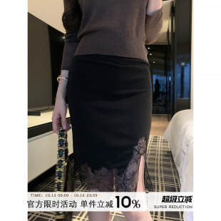Yuyueer愉悦喻悦 黑色蕾丝开叉半身裙女春季纯欲气质包臀短款裙子