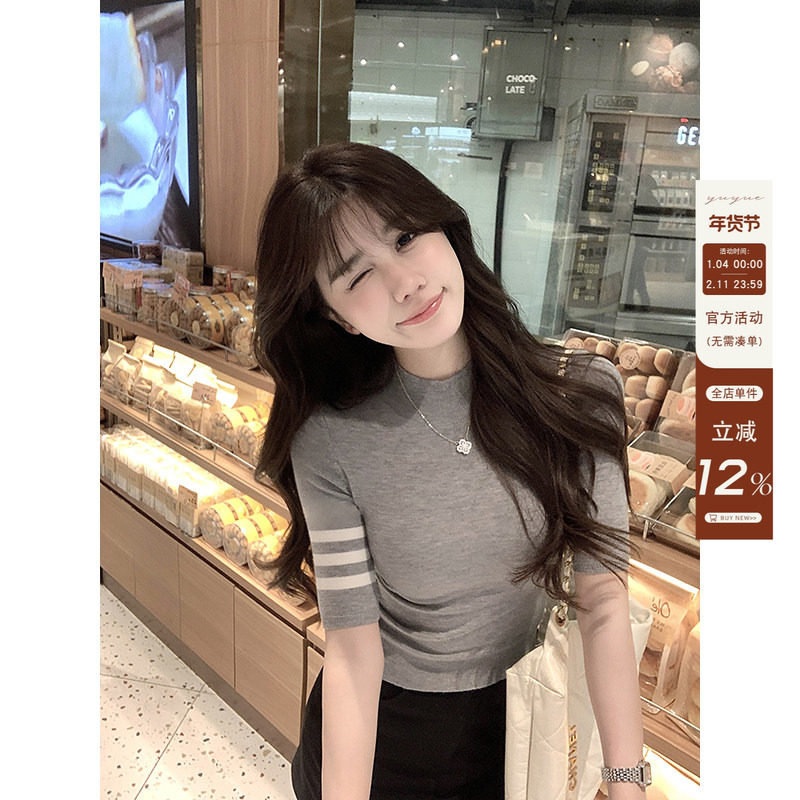 愉悦愉悦灰色短袖针织T恤女夏季气质修身显瘦收腰圆领设计感上衣,女装/女士精品,T恤,淘宝优惠券,粉丝福利购,淘宝优惠卷