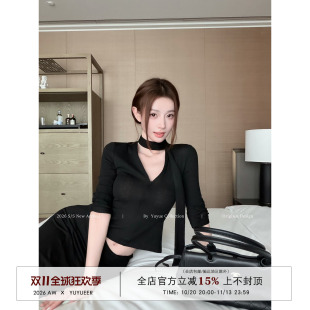 Yuyueer愉悦喻悦 飘带V领中袖针织衫女秋季气质修身显瘦拉链上衣