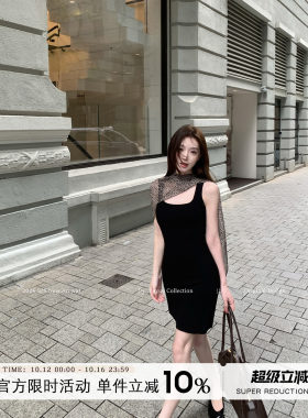 方领坑条挂脖吊带连衣裙女夏季