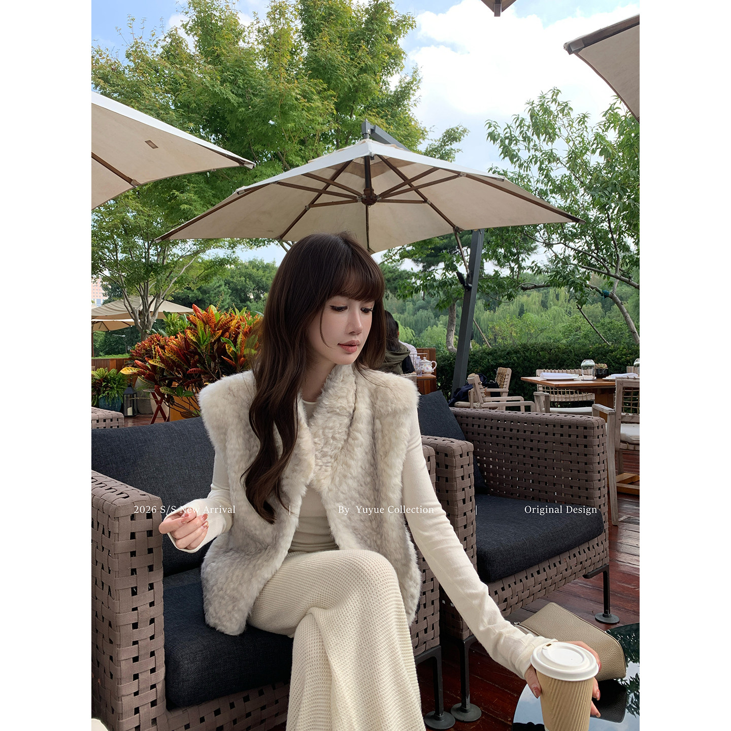 Yuyueer愉悦喻悦 100%兔毛米杏色毛毛马甲外套女秋冬软糯保暖上衣