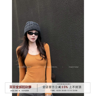 Yuyueer愉悦喻悦 U领薄款长袖针织衫女秋季韩系简约修身打底上衣