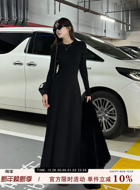愉悦愉悦黑色圆领垫肩长袖连衣裙女春季韩系气质修身显瘦简约长裙