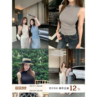 Yuyueer 纯色半高领无袖背心T恤女夏季韩版气质修身收腰显瘦上衣