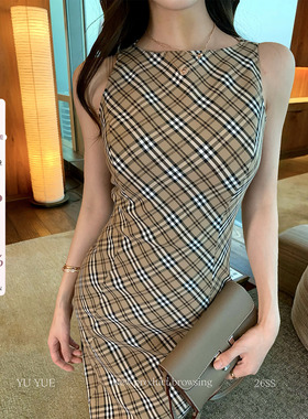 愉悦喻悦 格子无袖收腰包臀连衣裙女春季韩系气质修身显瘦短裙