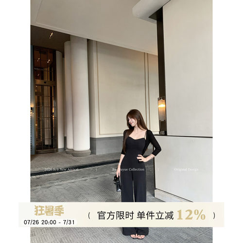 黑色V领无袖吊带连体裤女