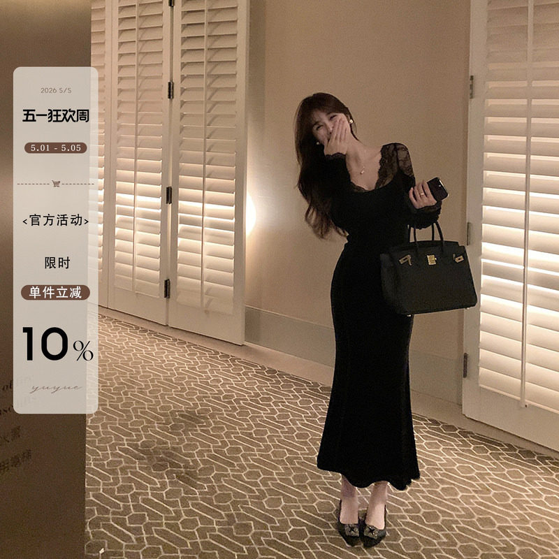 yuyuel黑色蕾丝长袖内搭鱼尾连衣裙女冬季性感气质修身包臀长裙
