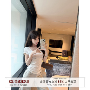 Yuyueer U领正肩豹子印花短袖T恤女夏季韩版气质修身收腰显瘦上衣