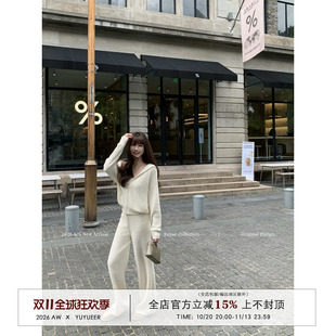 Yuyueer愉悦喻悦 莱赛尔山羊绒连帽外套直筒长裤秋季休闲针织套装