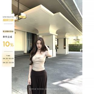 yuyuel 莱赛尔扭结V领半袖T恤女春夏气质短款修身收腰中袖上衣