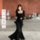 气质高级感修身 鱼尾连衣裙女春季 步步生莲长裙 方领长袖 愉悦喻悦