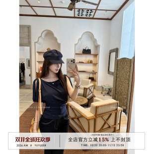 Yuyueer 温柔风修身收腰短袖开叉T恤女夏季韩版设计感休闲上衣