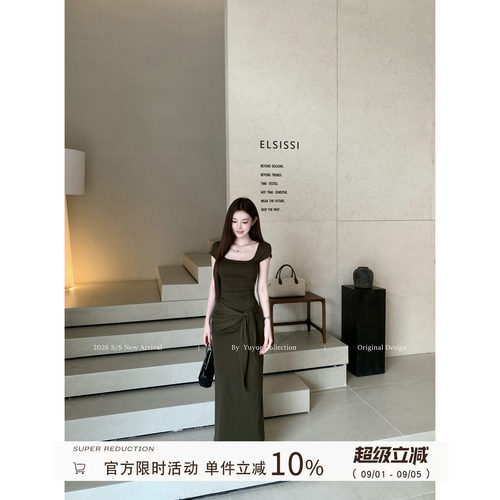 褐绿色绑带收腰方领短袖连衣裙女