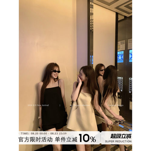 黑色方领无袖背心短裤套装女夏季