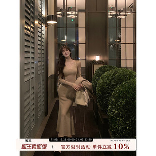 显瘦长裙 性感气质修身 愉悦愉悦V领拼接蕾丝包臀长袖 连衣裙女冬季