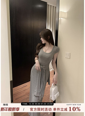 愉悦愉悦灰色短袖绑带气质连衣裙女夏季韩系高级修身收腰长款裙子