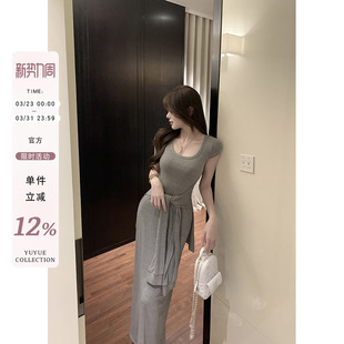 收腰长款 韩系高级修身 裙子 绑带气质连衣裙女夏季 愉悦喻悦灰色短袖