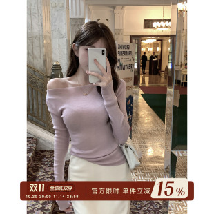 设计感收腰显瘦打底衫 愉悦愉悦斜肩羊毛长袖 法式 女春季 上衣 针织衫