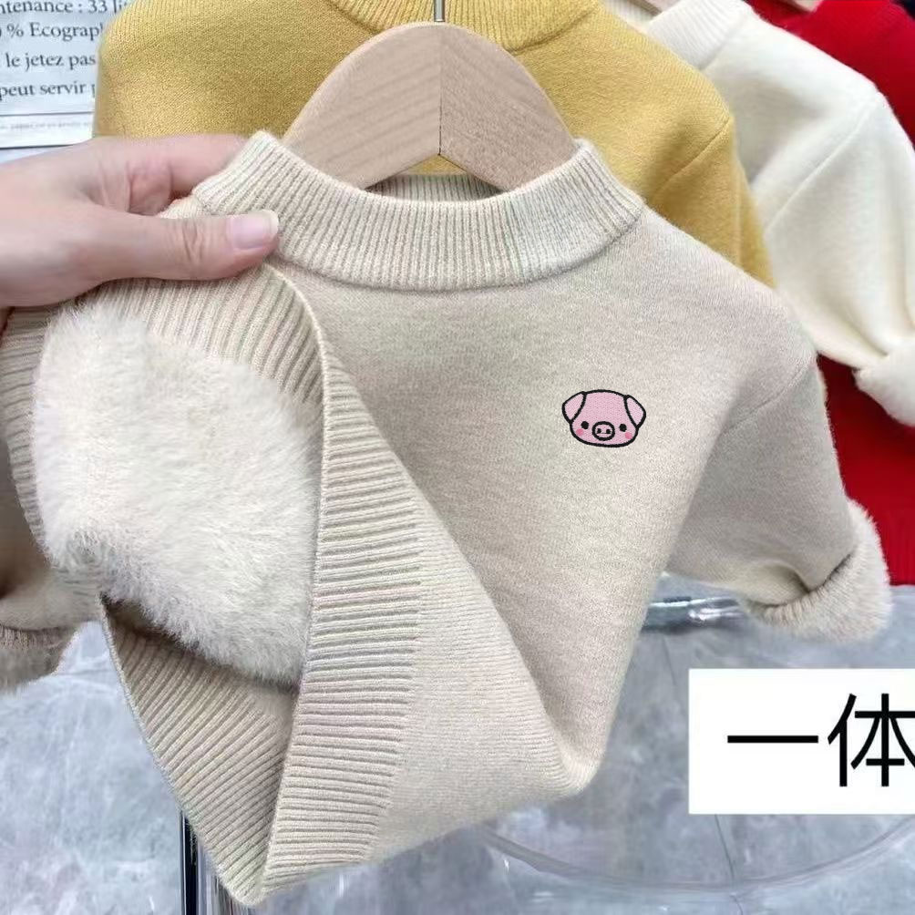 新款针织衫毛衣可爱小猪刺绣毛衣软糯毛衣儿童一体绒男童女童毛衣
