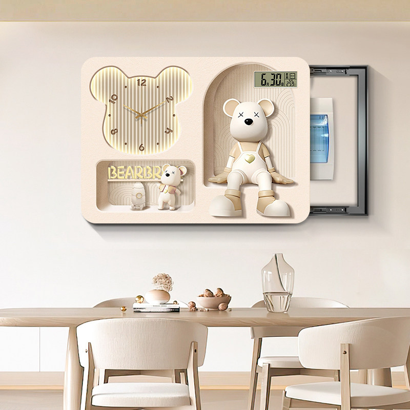 奶油风暴力熊电表箱装饰画免打孔配电箱遮挡电闸盒轻奢餐厅挂钟表