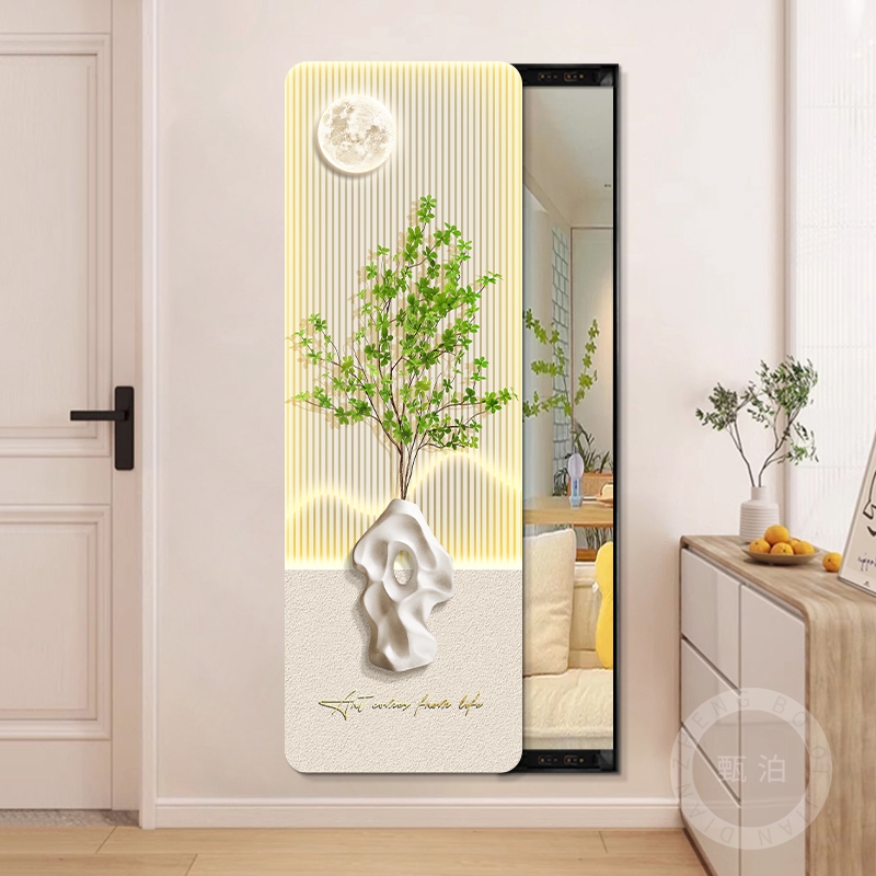 奶油风隐藏式全身镜可推拉玄关镜子装饰画北欧绿植隐形穿衣试衣镜