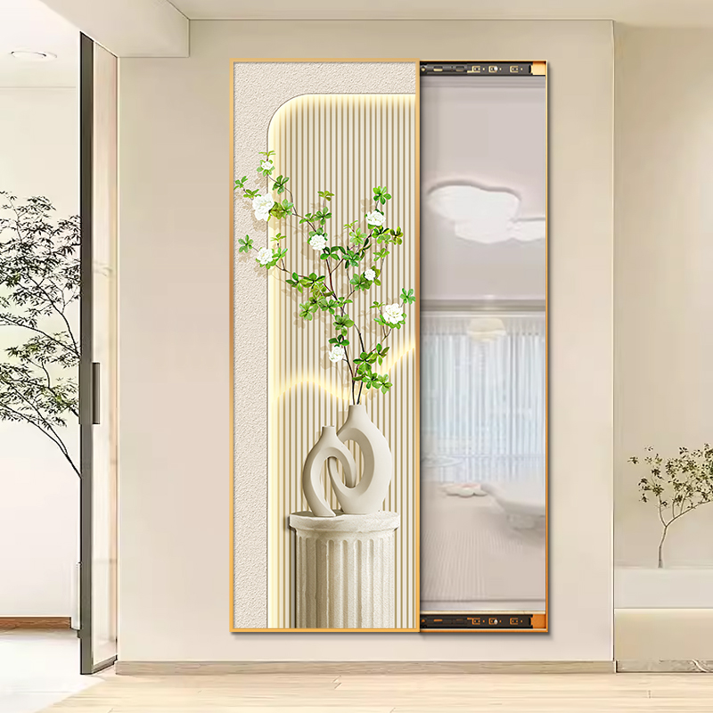 北欧奶油风隐藏式推拉全身镜家用玄关镜子装饰画隐形式穿衣试衣镜
