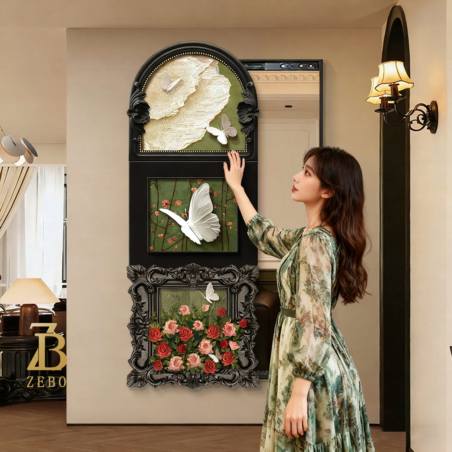 中古风隐形穿衣镜推拉隐藏式全身镜化妆镜子画暗藏式试衣镜装饰画